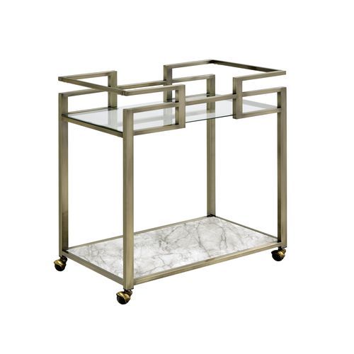 Neilo - Serving Cart - Clear Glass, Faux Marble Top & Wire Brass