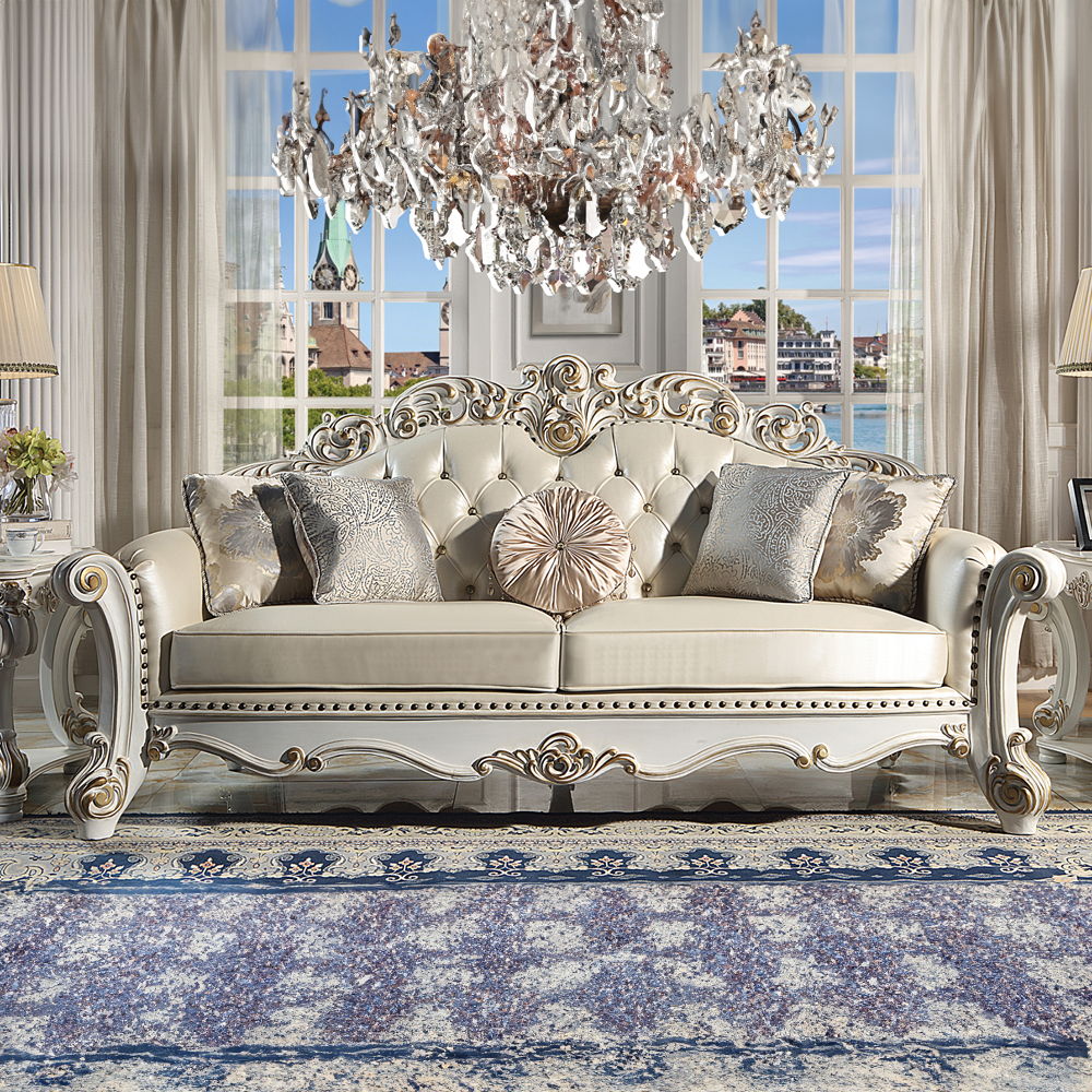 Vendome - Sofa With 5 Pillows - Champagne Synthetic Leather & Antique Pearl