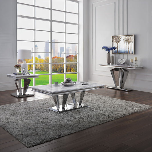 Satinka - End Table - Light Gray Printed Faux Marble Top & Mirrored Silver