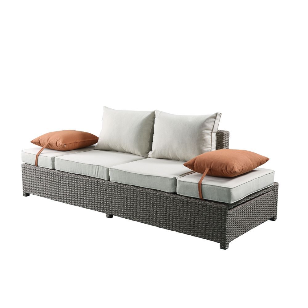 Salena - Patio Sofa With 2 Pillows & Ottoman - Beige Fabric & Gray Wicker