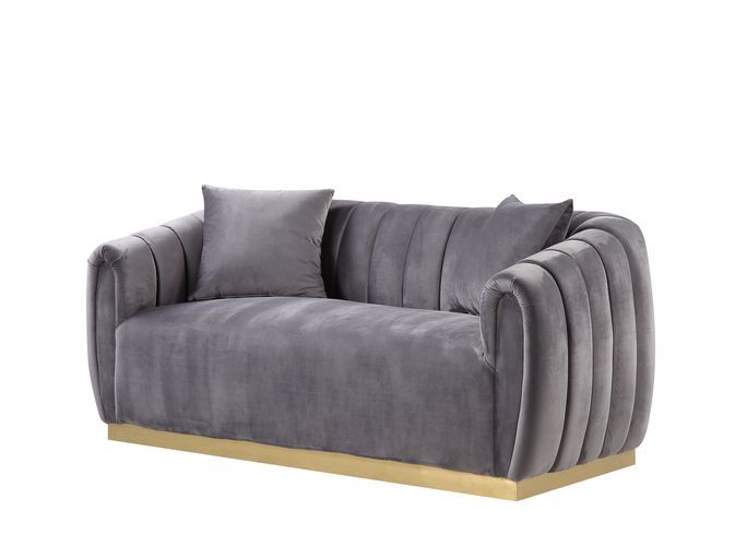 Elchanon - Loveseat With 2 Pillows - Gray Velvet & Gold