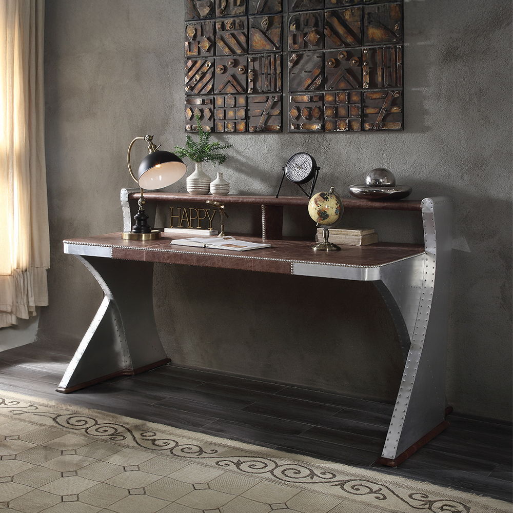 Brancaster - Executive Writing Desk - Retro Brown Top Grain Leather & Aluminum