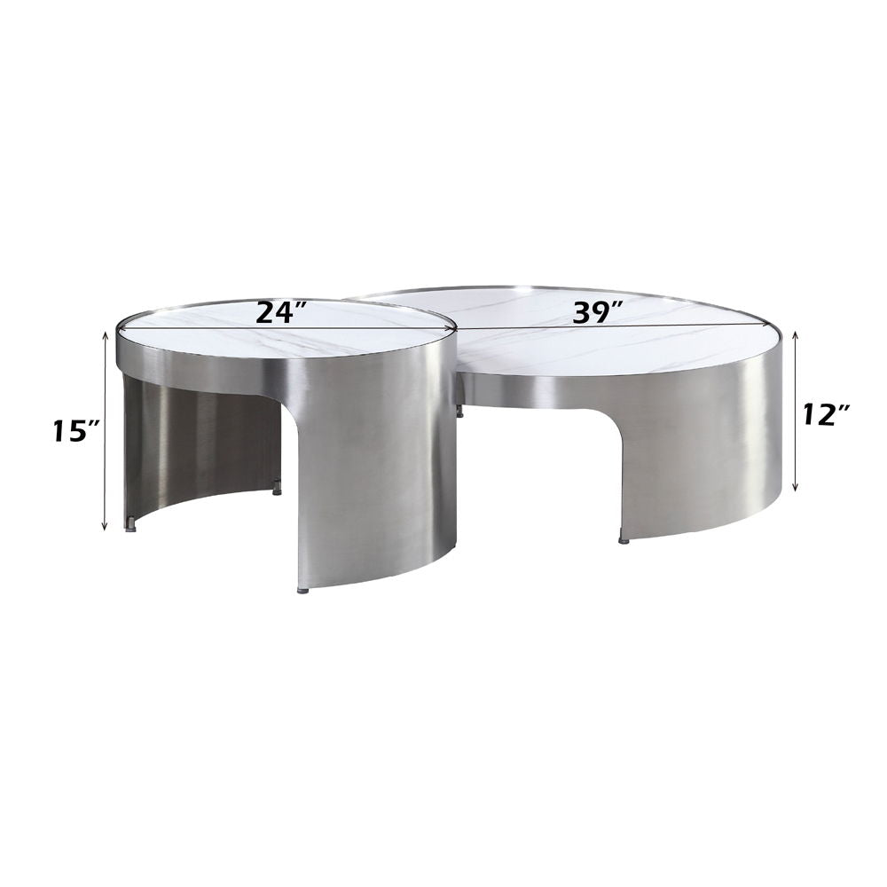 Abilene - Nesting Coffee Table Set - Marble Top & Brush Silver