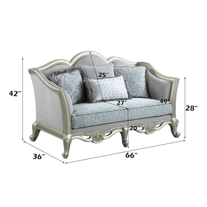 Qunsia - Loveseat With 4 Pillows - Light Gray Linen & Champagne