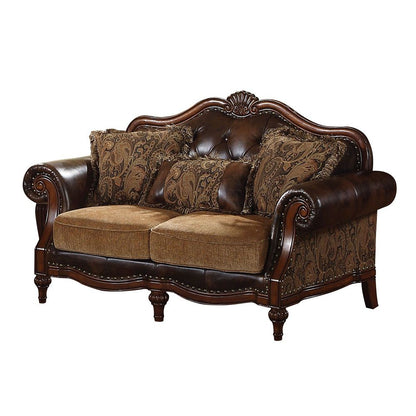 Dreena - Loveseat With 3 Pillows - Two Tone Brown Synthetic Leather & Chenille Cherry
