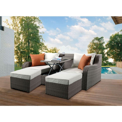 Salena - Patio Sofa With 2 Pillows & 2 Ottomans - Beige Fabric & Gray Wicker