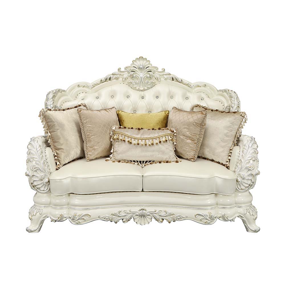 Adara - Loveseat With 5 Pillows - Pearl White Synthetic Leather & Antique White