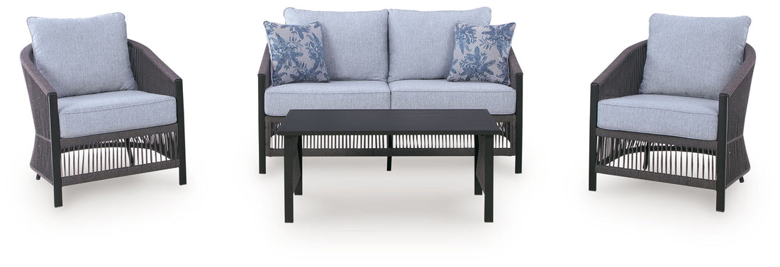 Bridges Beach - Loveseat, Lounge Chairs, Table Set (Set of 4) - Gray