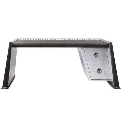 Brancaster - Executive Writing Desk - Distress Chocolate Top Grain Leather & Aluminum