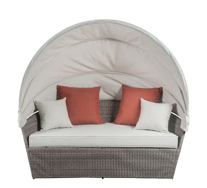 Salena - Patio Canopy Sofa With 4 Pillows & Ottoman - Beige Fabric & Gray Wicker