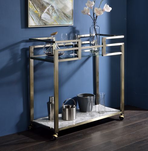 Neilo - Serving Cart - Clear Glass, Faux Marble Top & Wire Brass