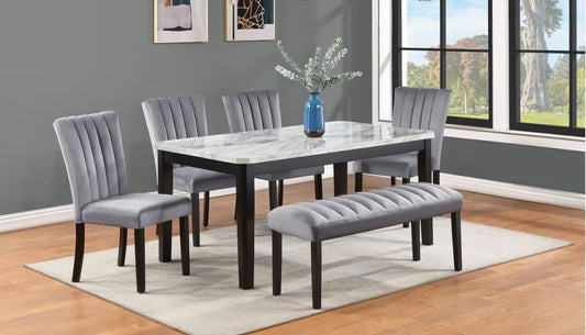 Pascal Dining Set: Marble Table, Velvet Chairs & Bench