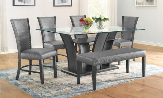 Camelia Dining Set: Glass Top Table, Leatherette Chairs & Bench