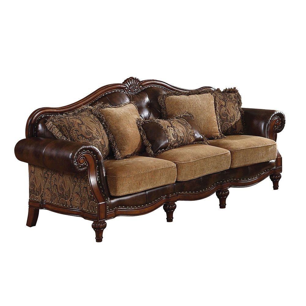 Dreena - Sofa With 5 Pillows - Two Tone Brown Synthetic Leather & Chenille Cherry