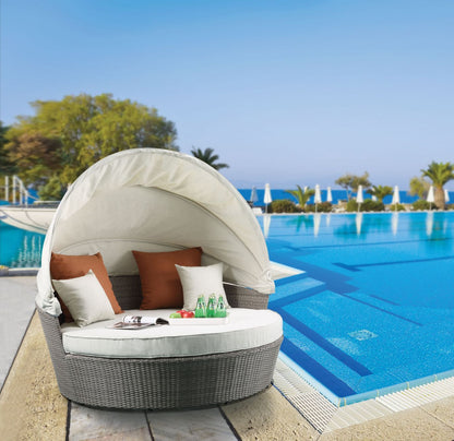 Salena - Patio Canopy Sofa With 4 Pillows & Ottoman - Beige Fabric & Gray Wicker
