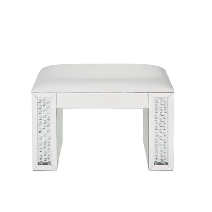 Nysa - Vanity Stool - Ivory Synthetic Leather , Mirrored & Faux Crystals