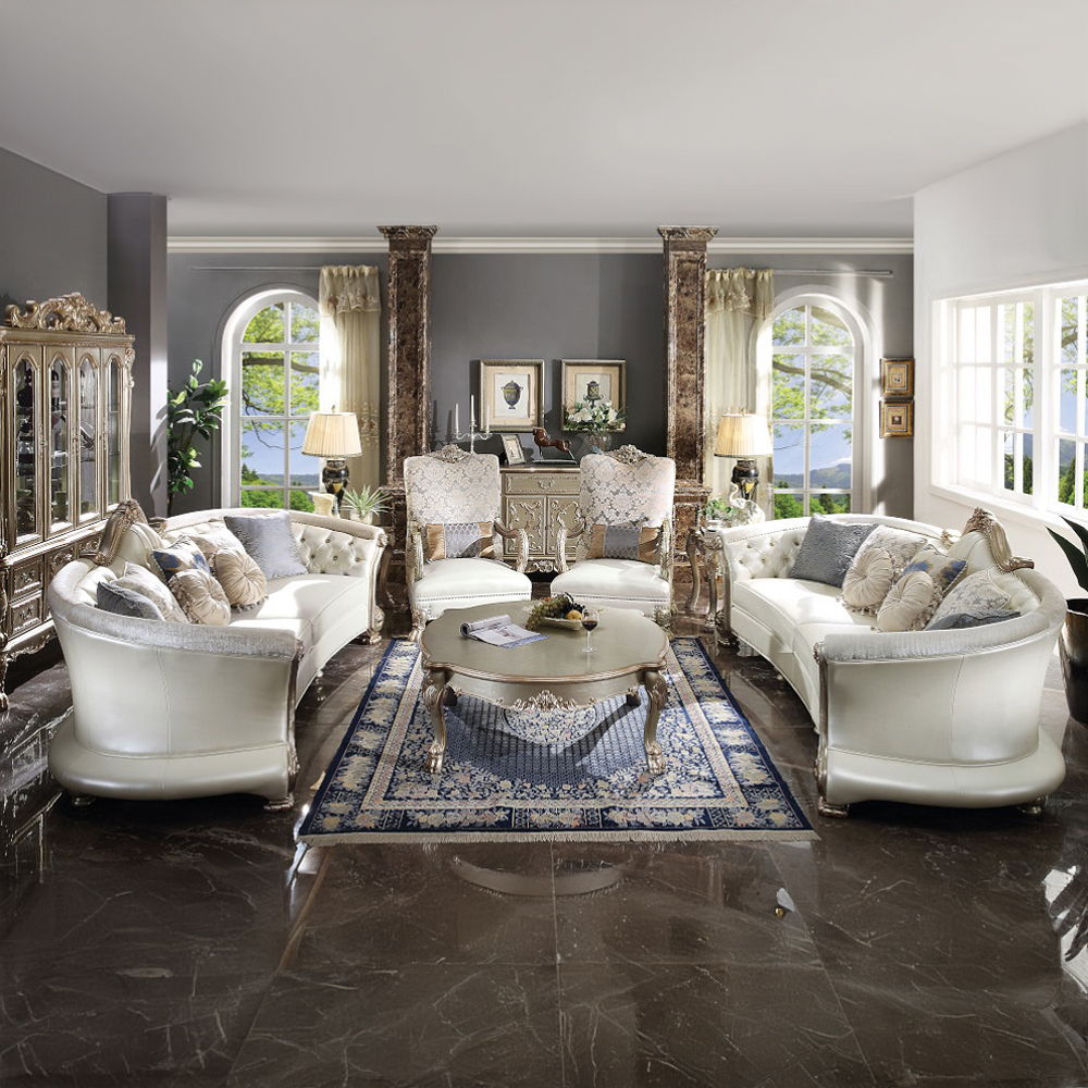 Dresden II - Sofa With 7 Pillows - Pearl Synthetic Leather & Gold Patina