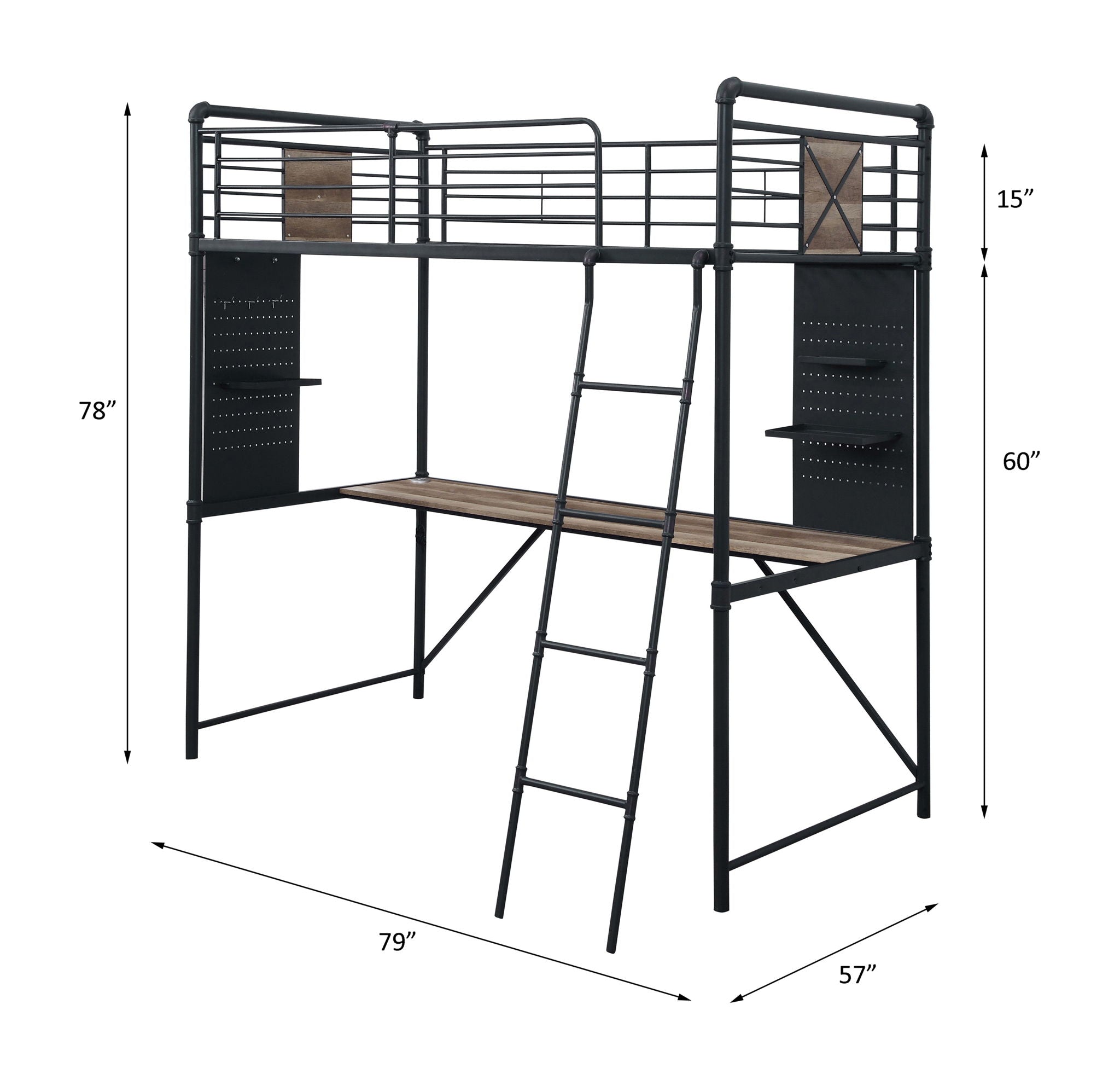 Cordelia - Twin Loft Bed With Desk - Antique Oak, Sandy Black & Dark Bronze Hand-Brushed
