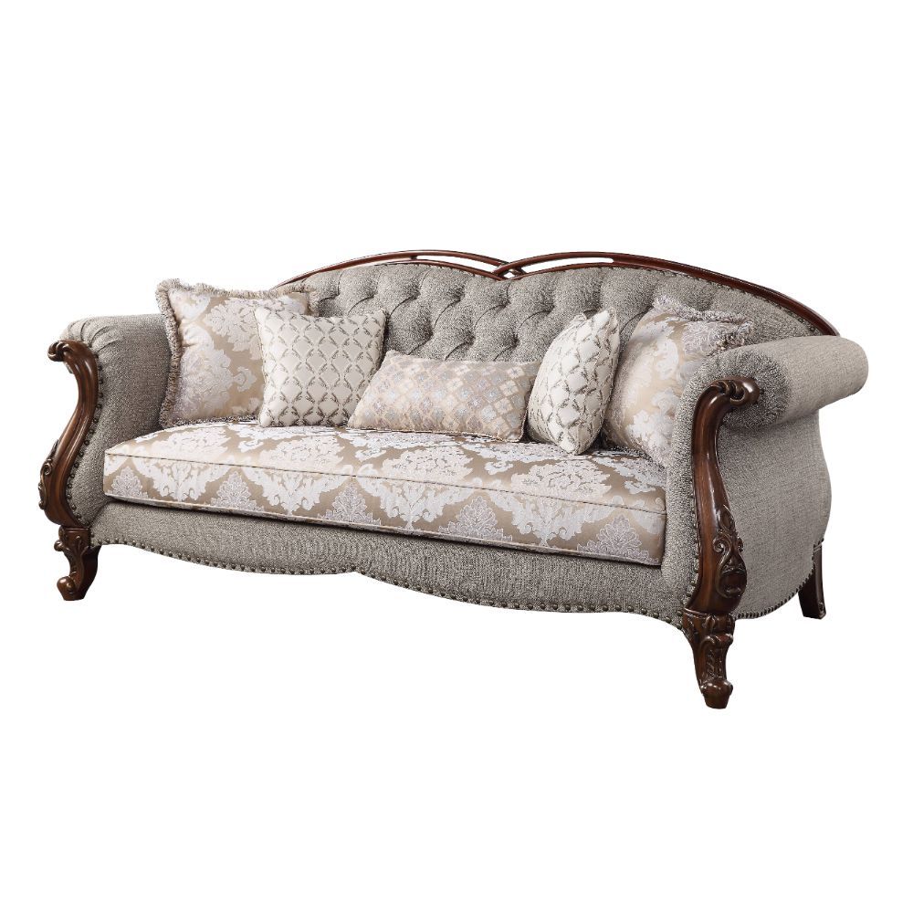 Miyeon - Sofa With 5 Pillows - Fabric & Cherry