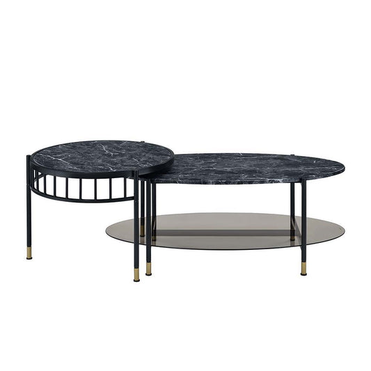 Silas - Nesting Coffee Table Set - Faux Marble Top & Black