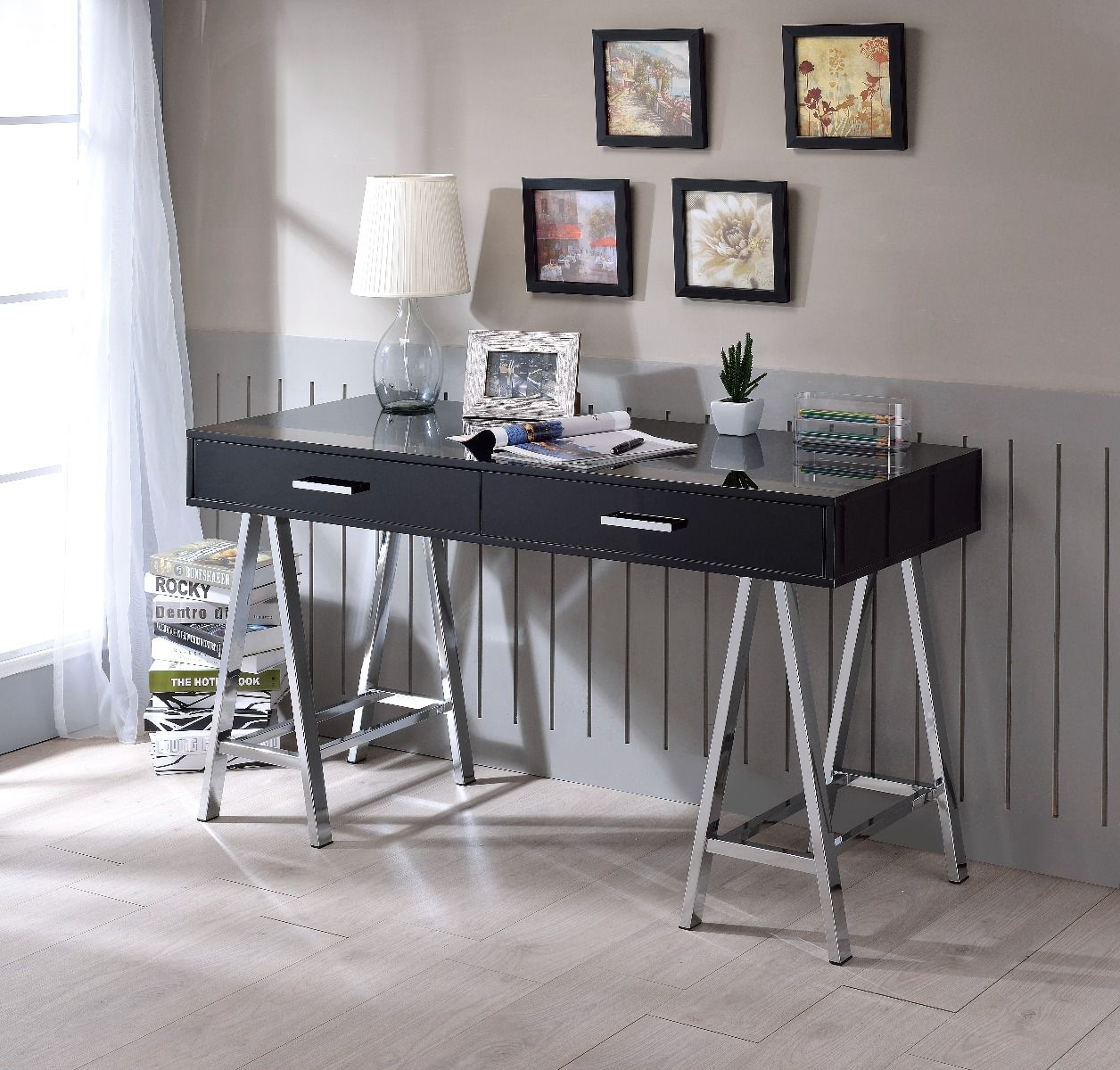 Coleen - Writing Desk With USB - Black High Gloss & Chrome