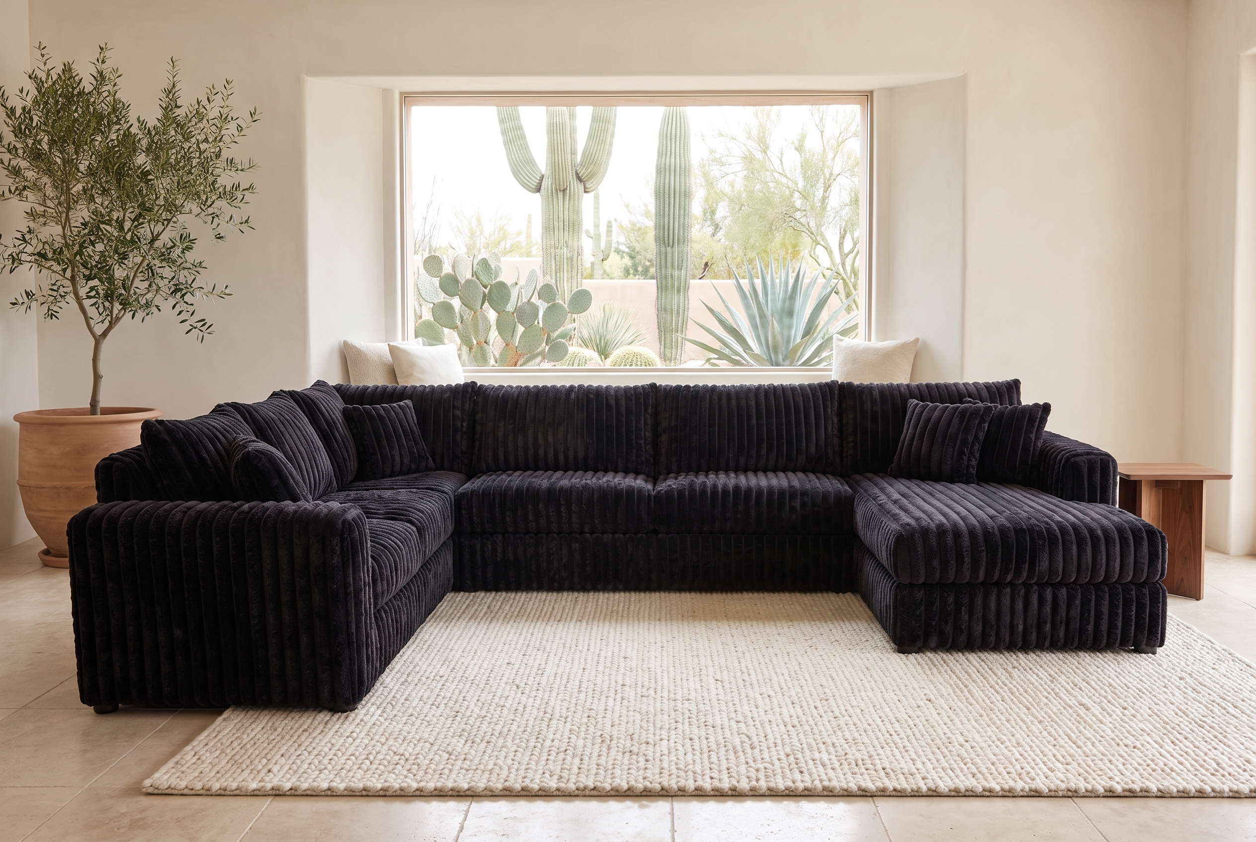 Luna sectional in Plush Black corduroy, styled in a Phoenix living room