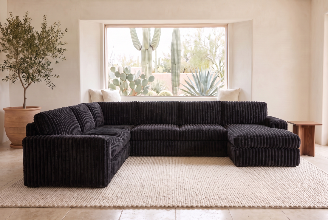 Luna Grande sectional in Plush Black corduroy, styled in a Phoenix living room