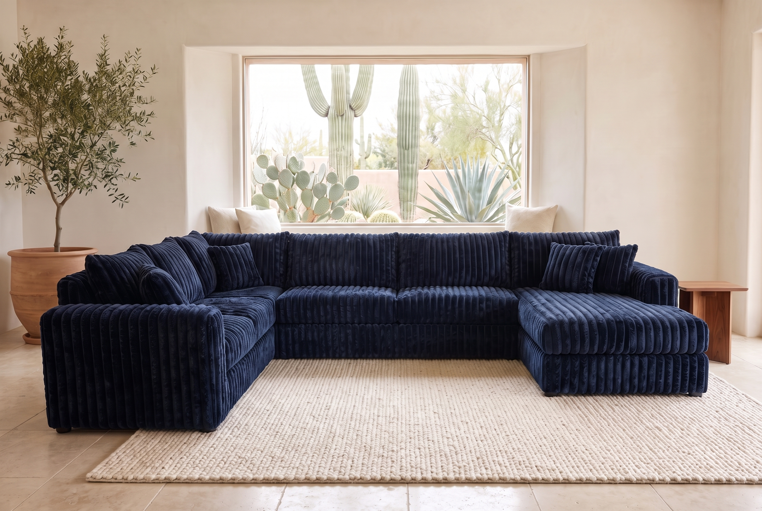 Luna sectional in Plush Navy corduroy, styled in a Phoenix living room