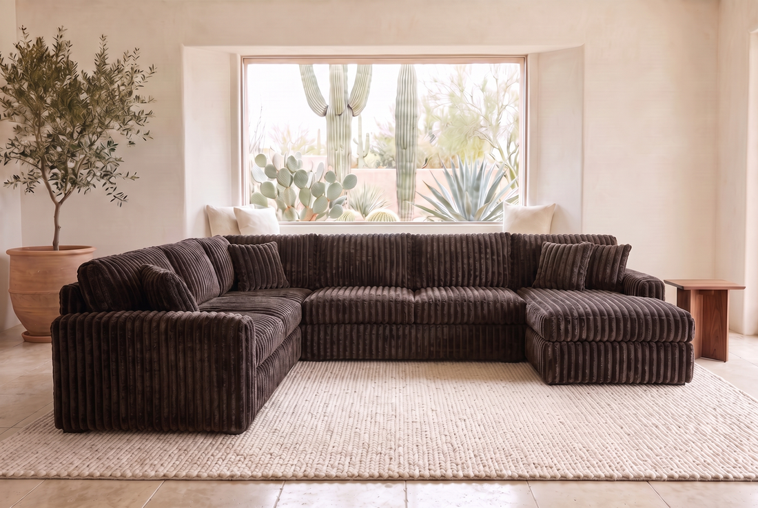 Luna Grande sectional in Plush Chocolate corduroy, styled in a Phoenix living room