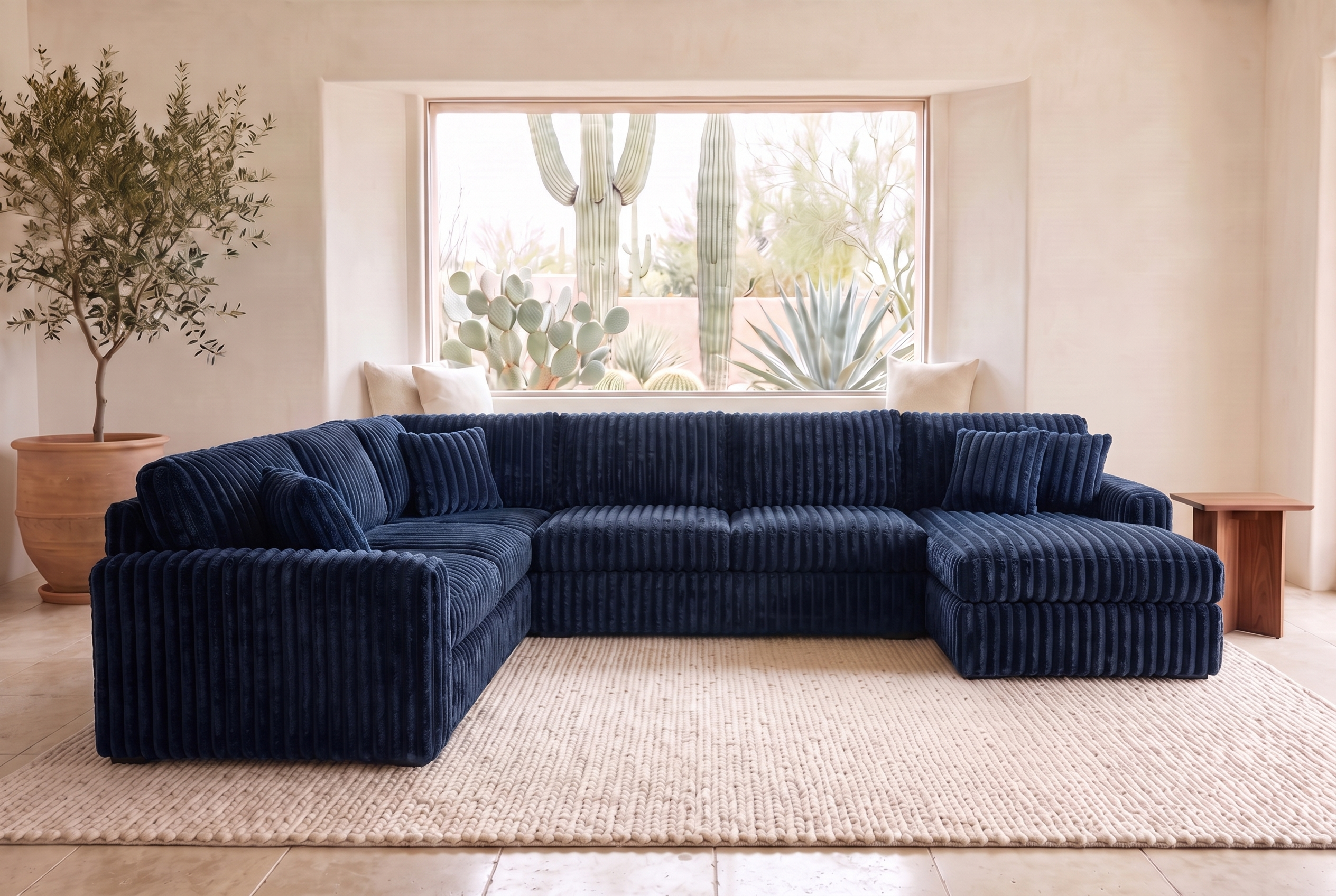 Luna Grande sectional in Plush Navy corduroy, styled in a Phoenix living room