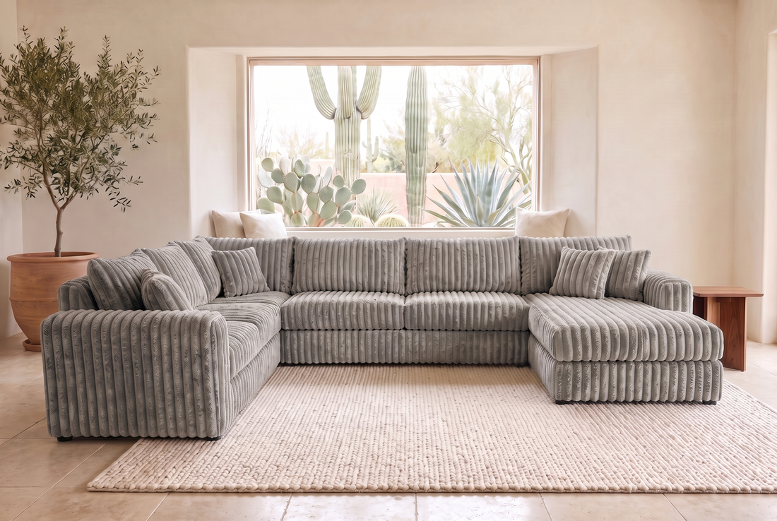 Luna sectional in Plush Otter corduroy, styled in a Phoenix living room