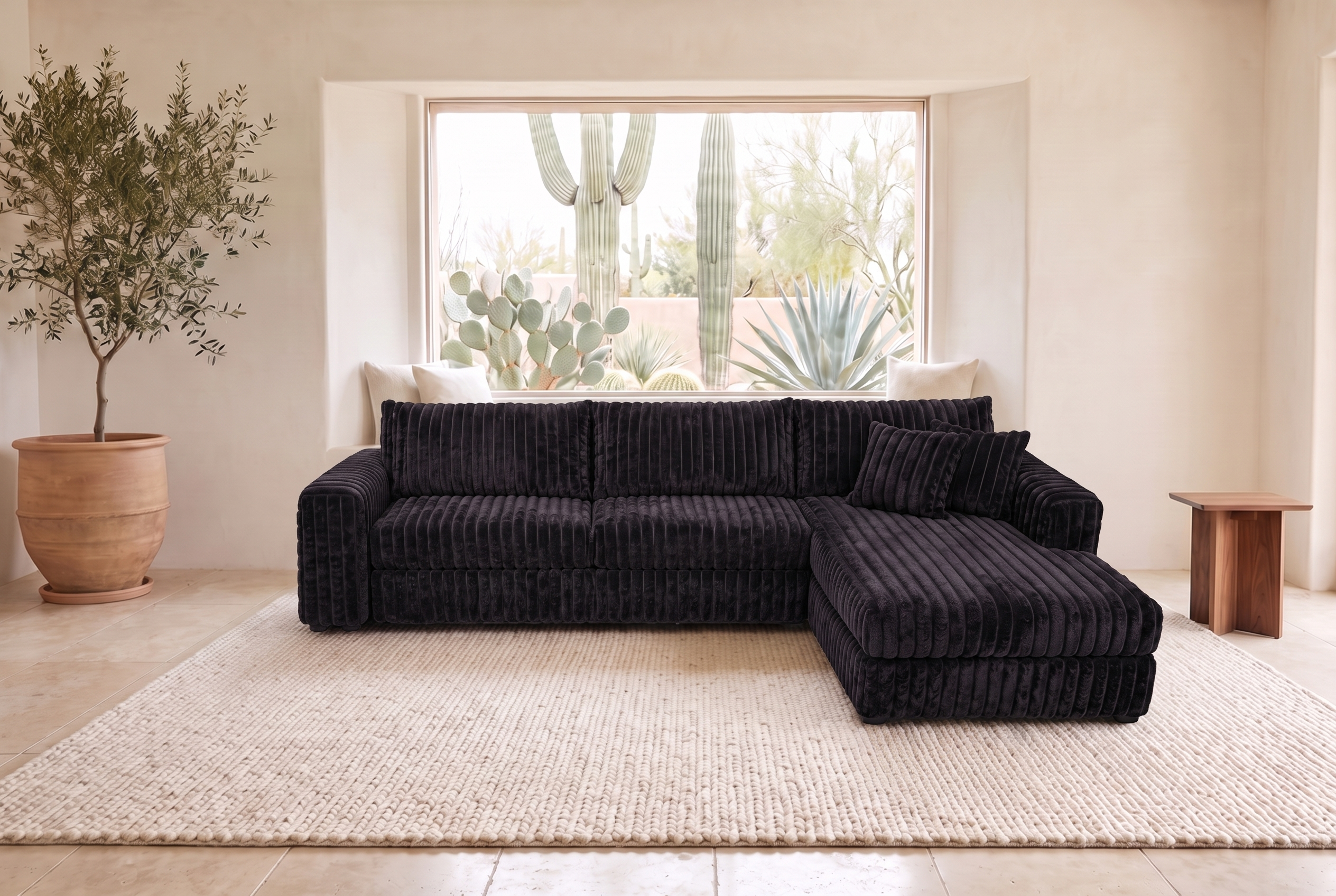 Luna Duo sectional in Plush Black corduroy, styled in a Phoenix living room