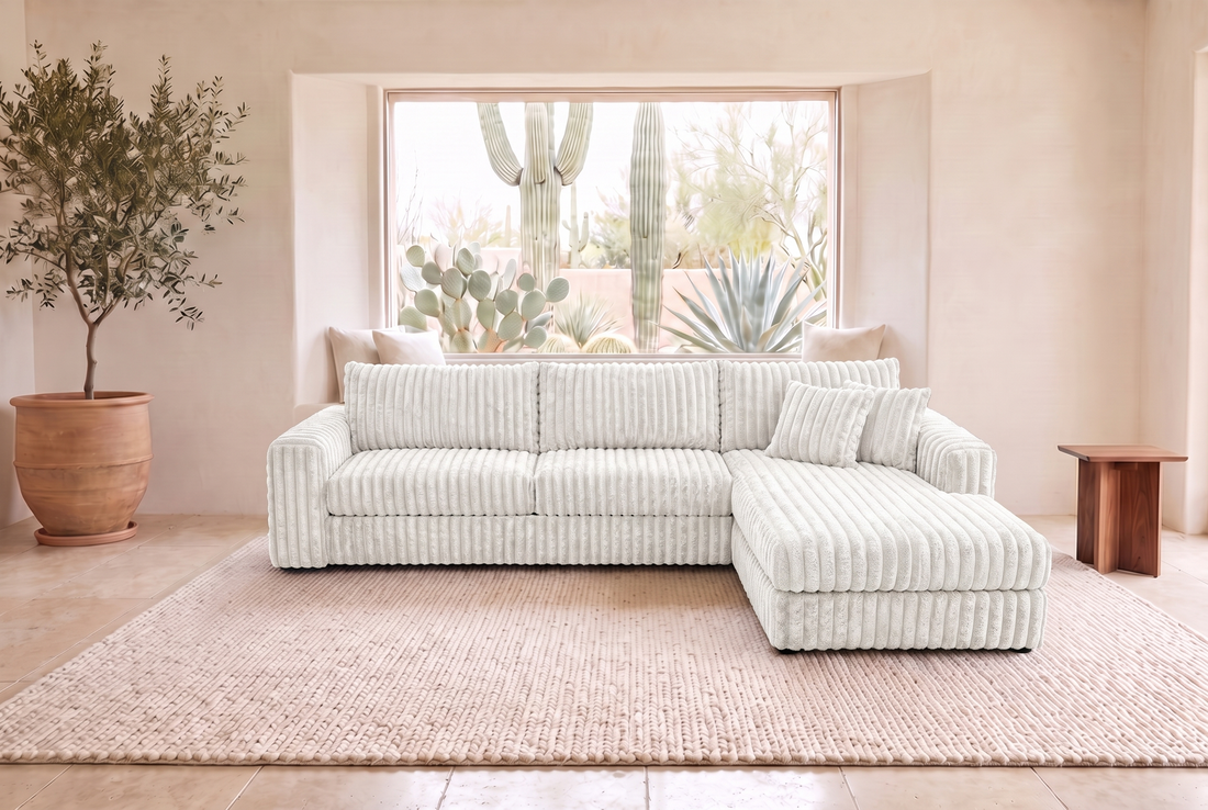 Luna Duo sectional in Plush White corduroy, styled in a Phoenix living room