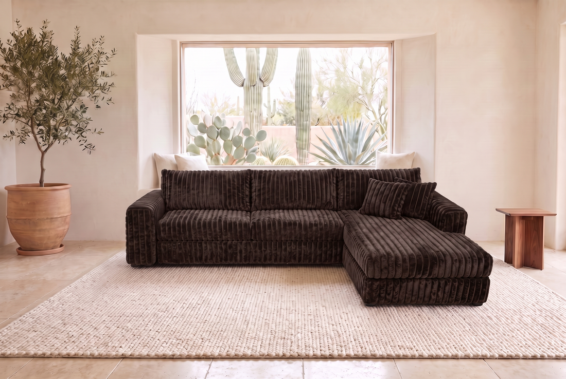 Luna Duo sectional in Plush Chocolate corduroy, styled in a Phoenix living room