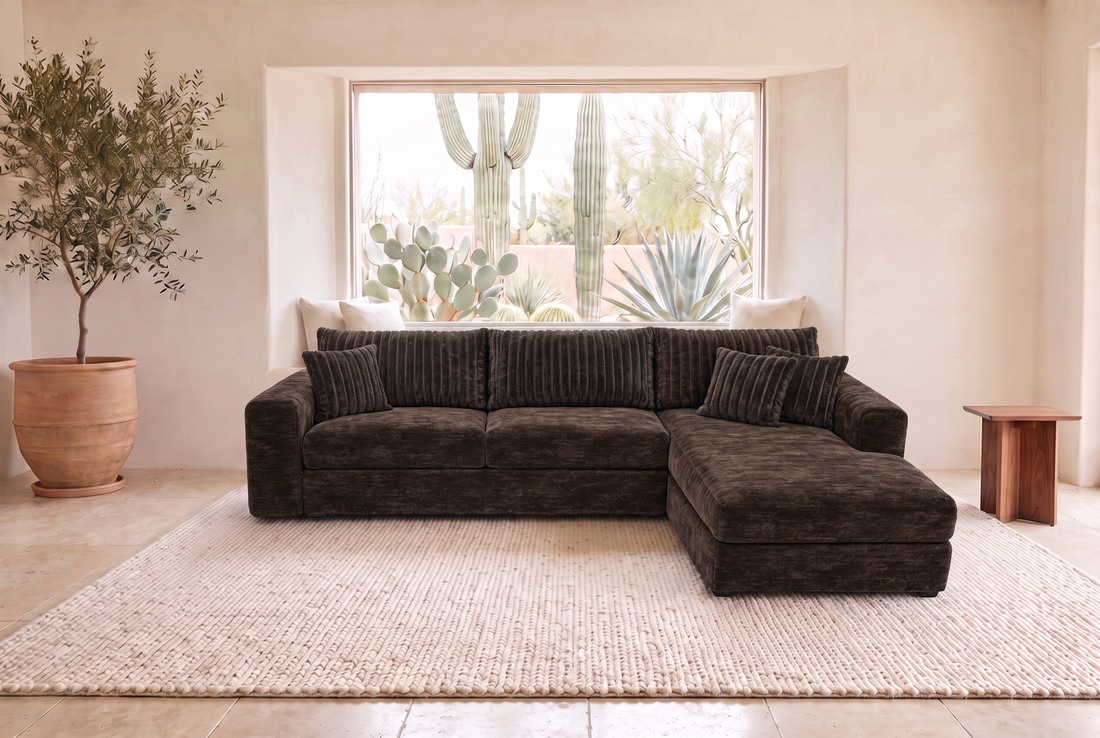 Luna Duo sectional in Two-Tone Sable / Chocolate, styled in a Phoenix living room