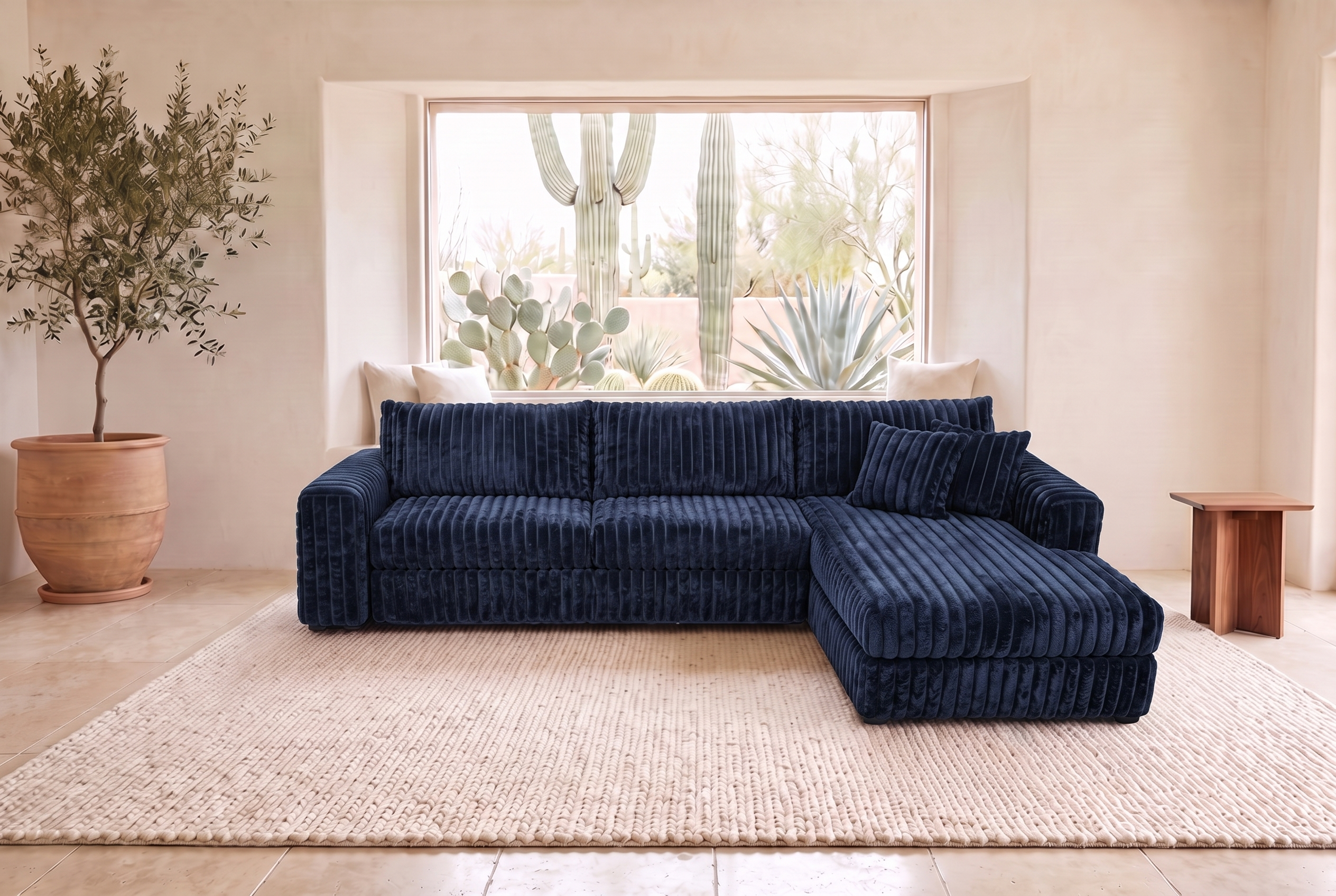 Luna Duo sectional in Plush Navy corduroy, styled in a Phoenix living room