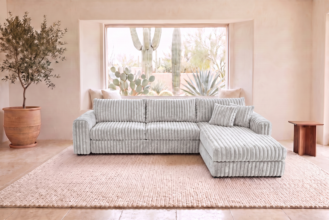 Luna Duo sectional in Plush Grey corduroy, styled in a Phoenix living room
