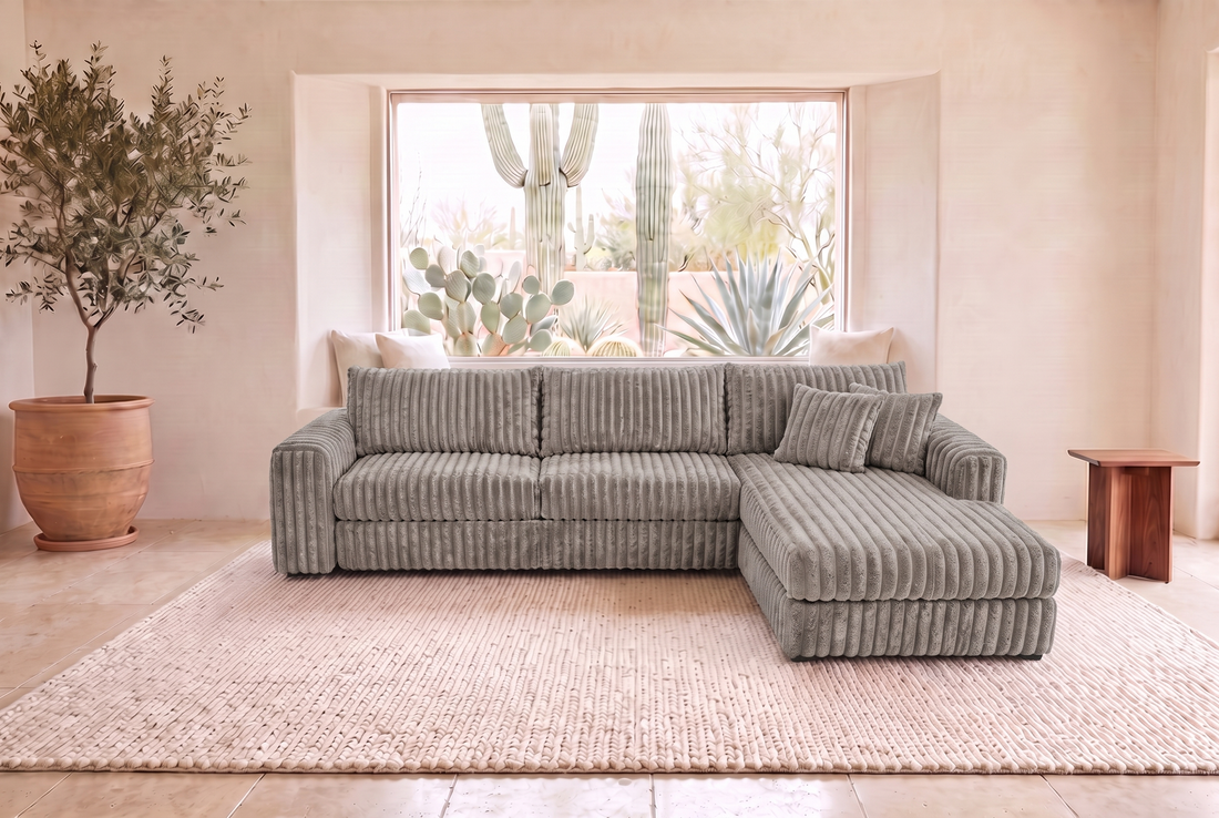 Luna Duo sectional in Plush Otter corduroy, styled in a Phoenix living room
