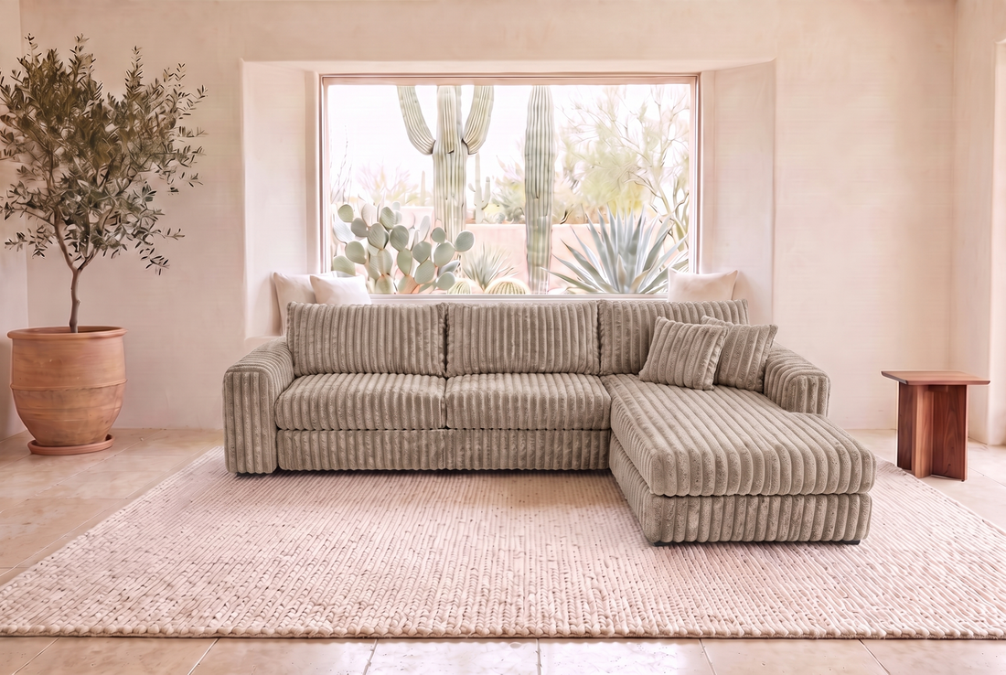 Luna Duo sectional in Plush Cocoa corduroy, styled in a Phoenix living room