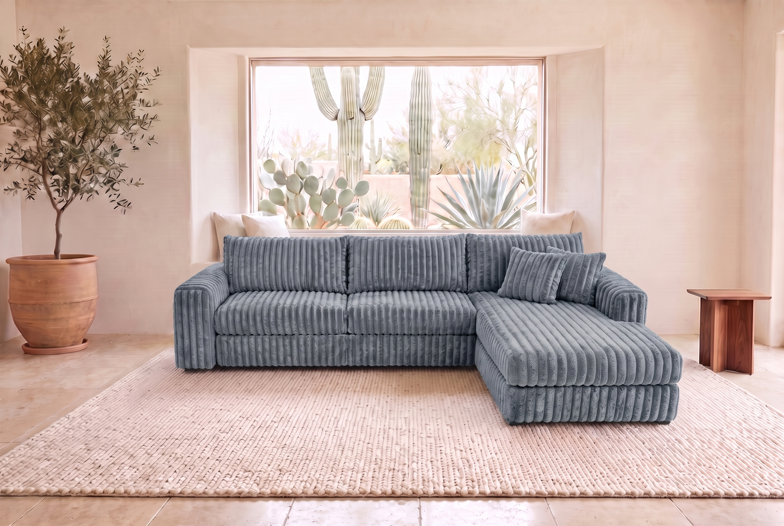 Luna Duo sectional in Plush Gunmetal corduroy, styled in a Phoenix living room