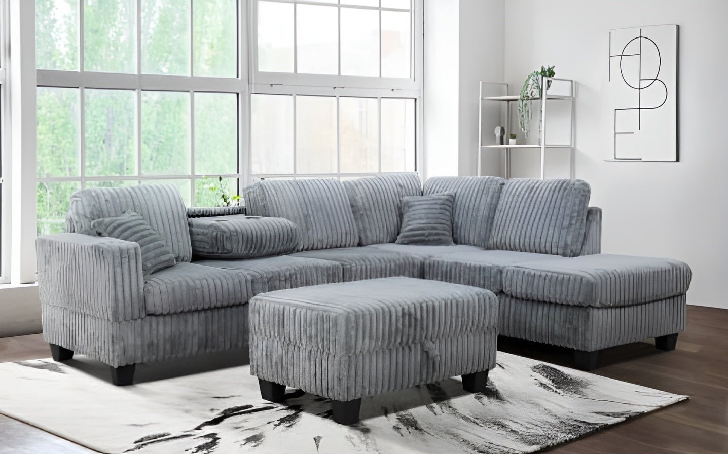 Jumbo Corduroy Sectional Sofa with Storage Ottoman - Sectional Sofa - #Color# - The Home Furniture Outlet - Gray - Phoenix - Arizona
